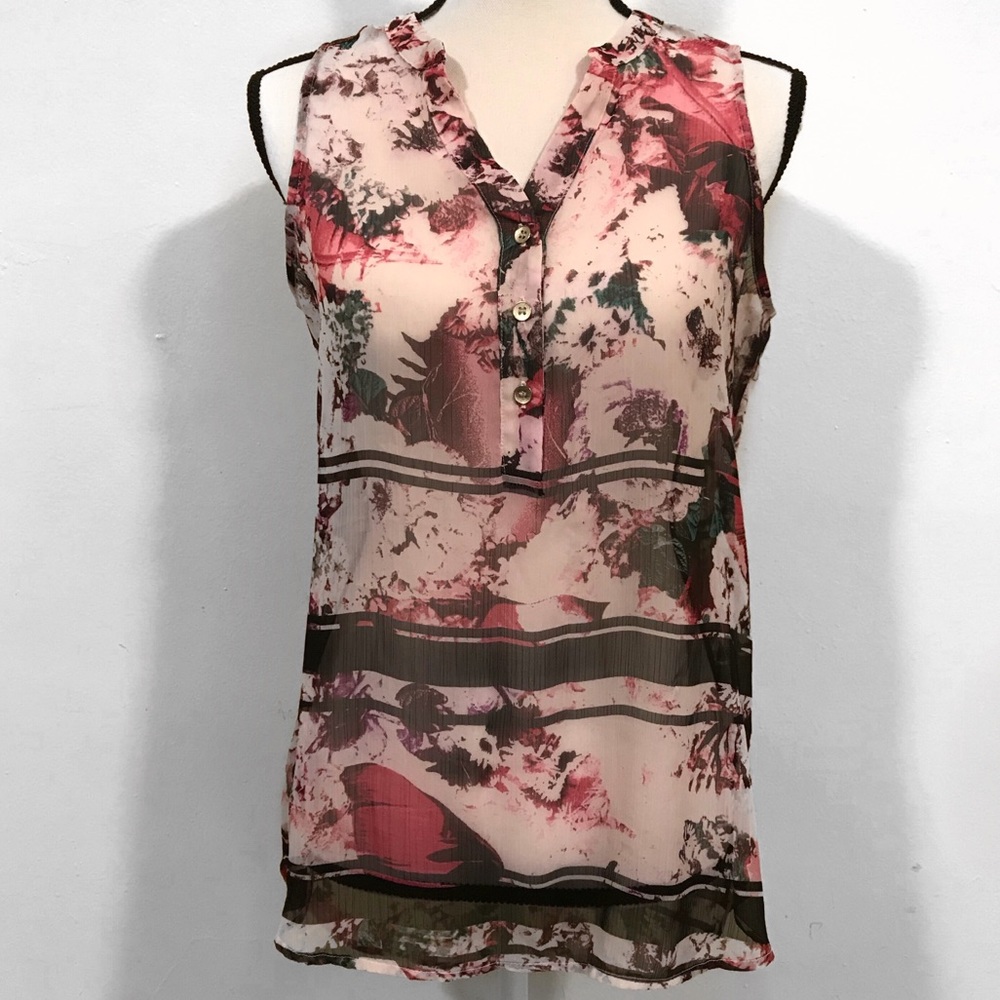 New York & Company Sheer Floral Button Down Top